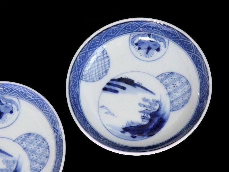 古伊万里　染付　墨弾き　丸紋の図　豆皿　手塩皿　２枚　C794AS-CRq