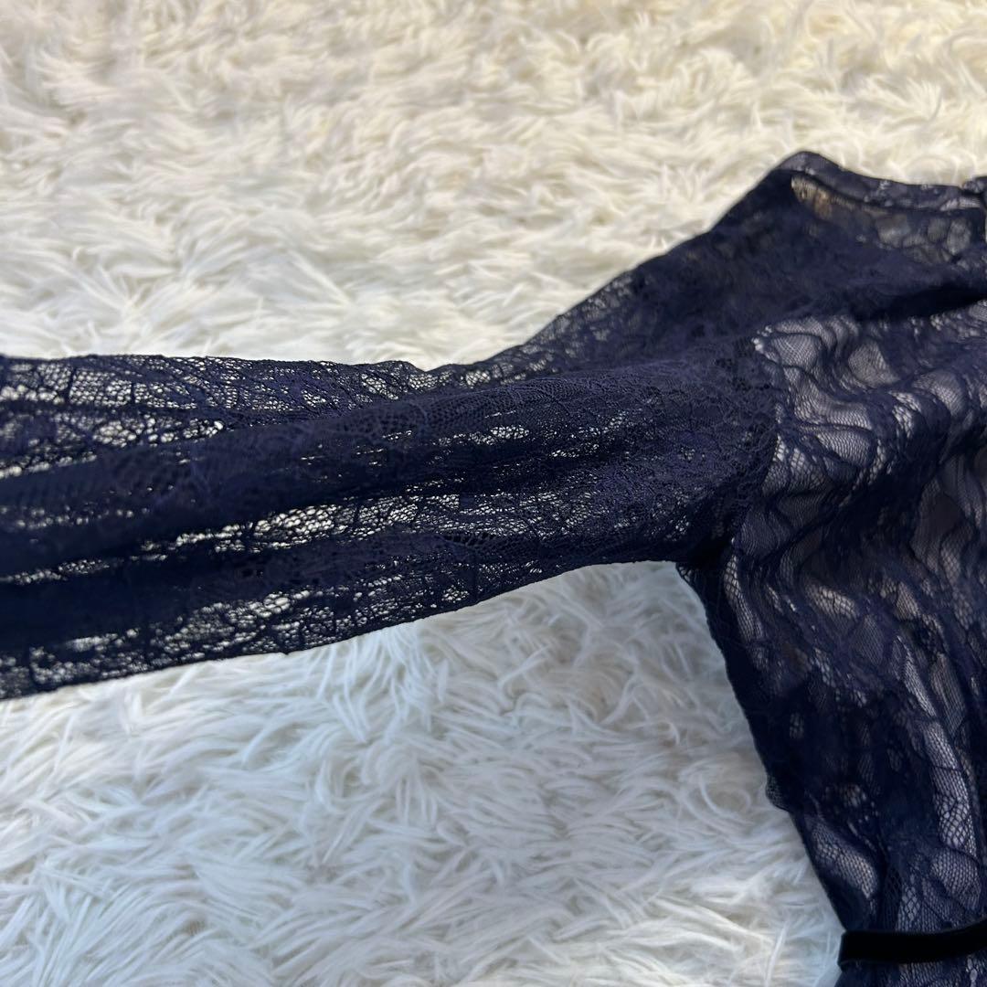 美品【NIANA】ニアナ シアーレース ウエストリボンドレス 長袖ワンピース L