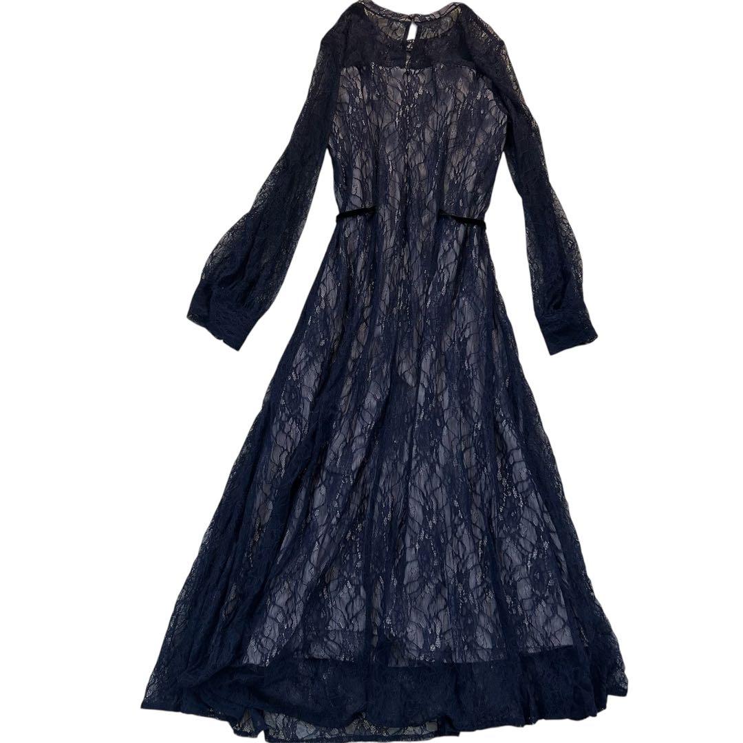 美品【NIANA】ニアナ シアーレース ウエストリボンドレス 長袖ワンピース L