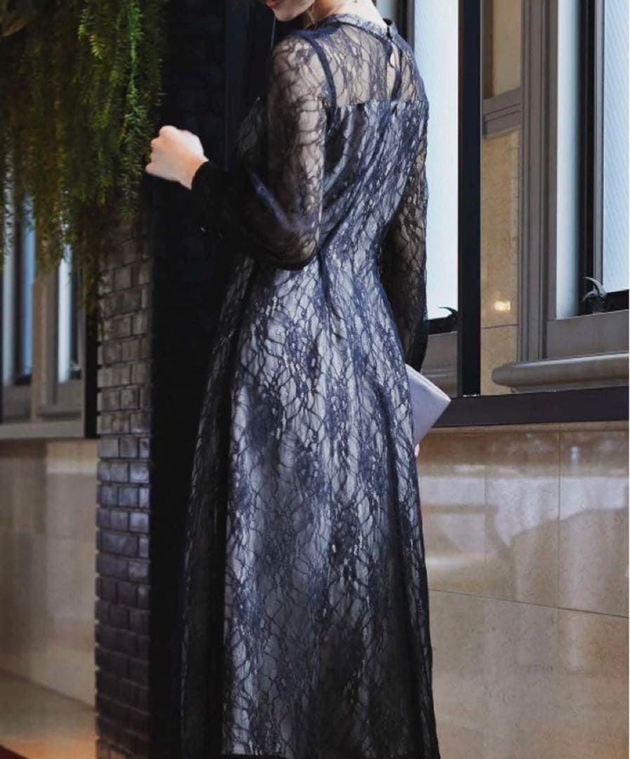 美品【NIANA】ニアナ シアーレース ウエストリボンドレス 長袖ワンピース L