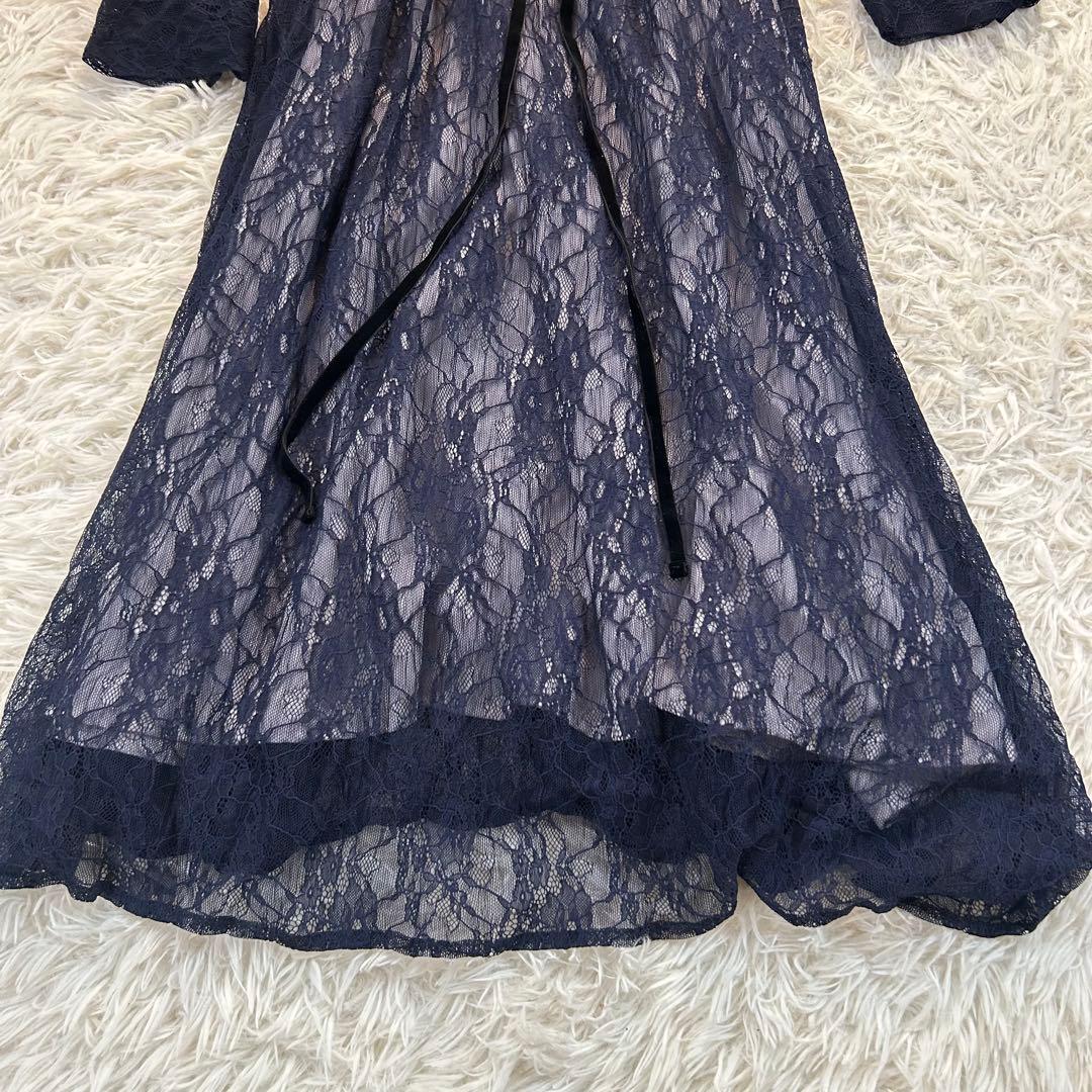美品【NIANA】ニアナ シアーレース ウエストリボンドレス 長袖ワンピース L
