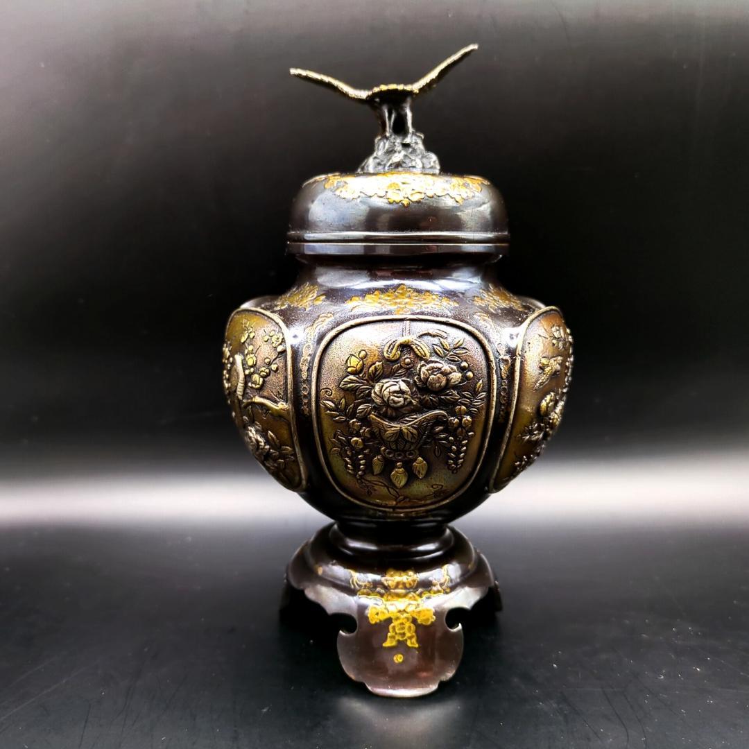 高岡銅器 瑞峰堂 大峰 花鳥文 銅製 香炉 証 共箱付 六面花鳥図 蝋型鋳銅