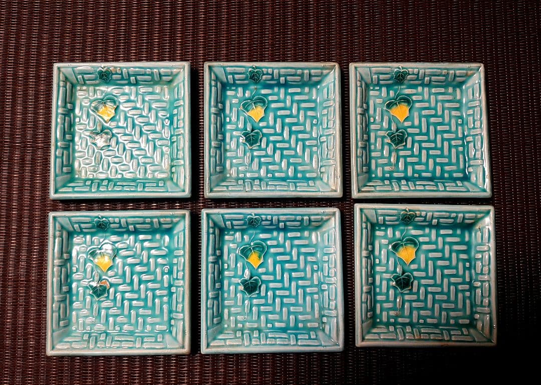 阿波 淡路島 珉平焼 網代模様に蔦 角豆皿 手塩皿6客 青 骨董