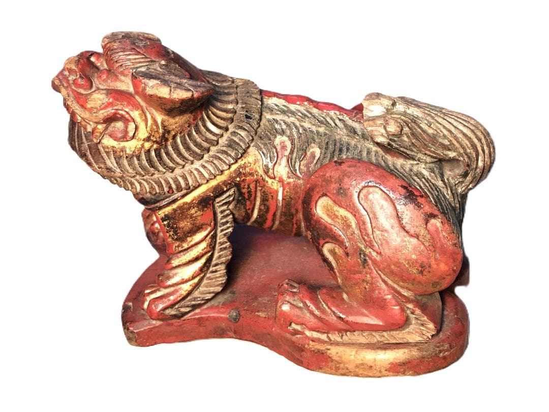 【 木彫金朱漆塗玉獅子 】　江戸時代