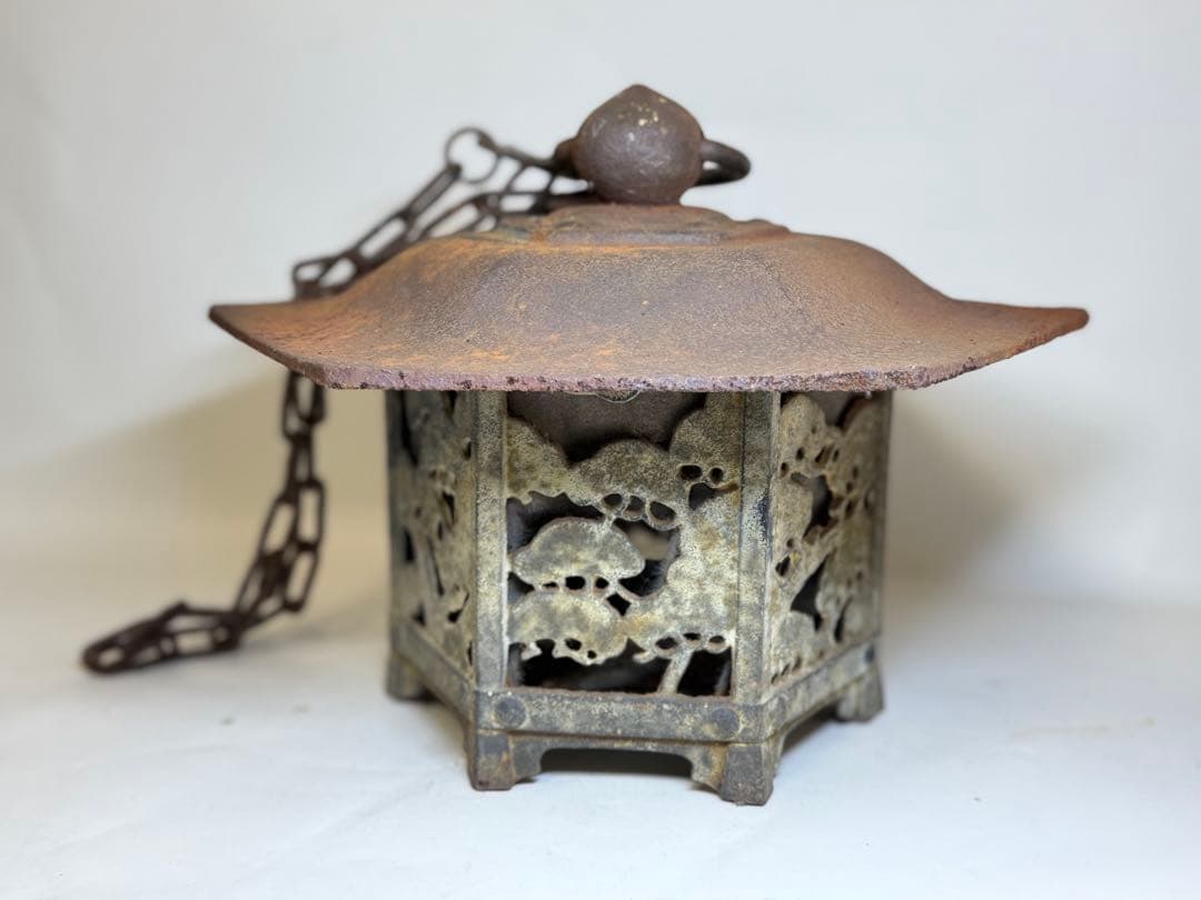 T68 古い鉄製 吊り灯籠 鎖付 重量4.6kg