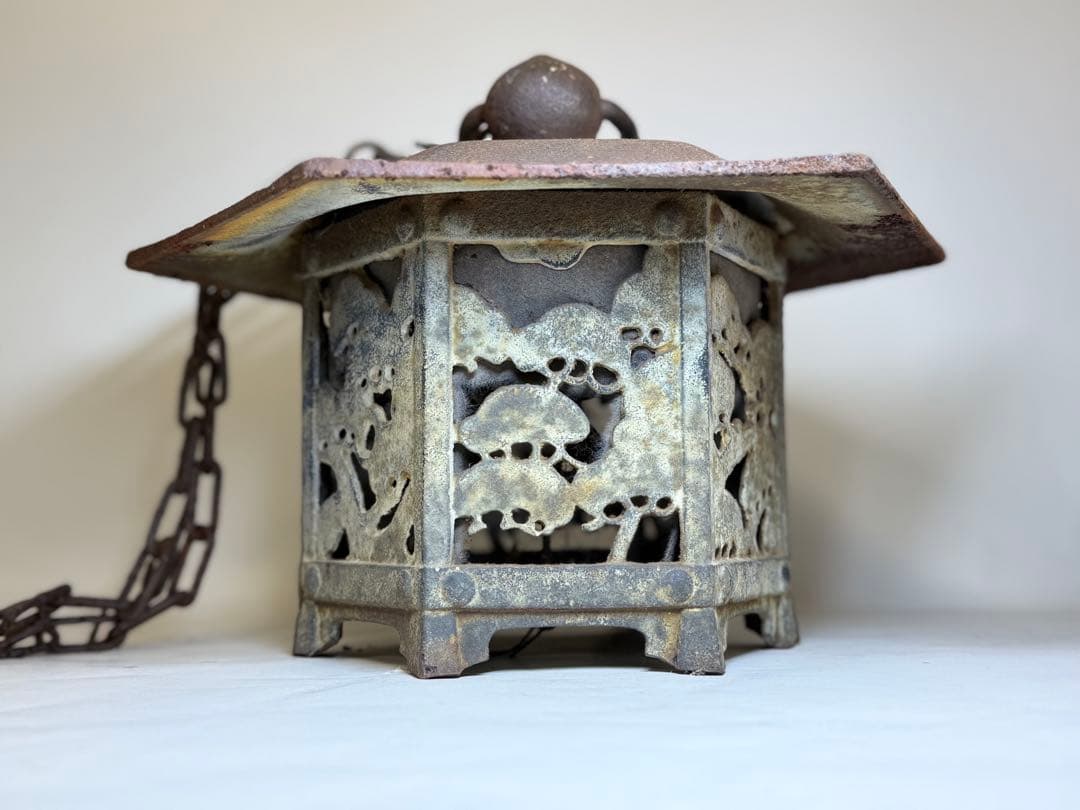 T68 古い鉄製 吊り灯籠 鎖付 重量4.6kg