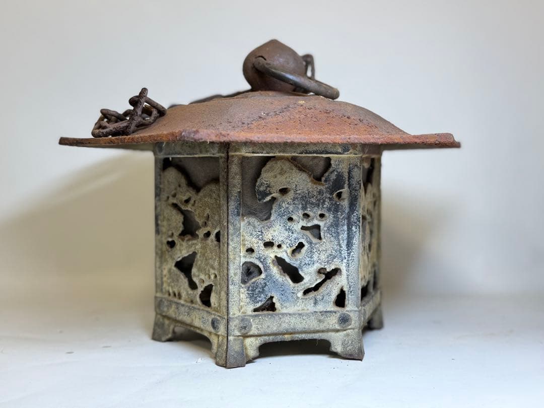 T68 古い鉄製 吊り灯籠 鎖付 重量4.6kg