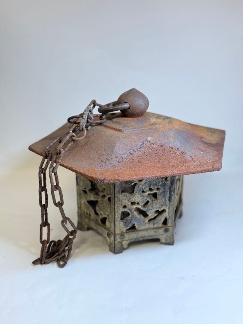 T68 古い鉄製 吊り灯籠 鎖付 重量4.6kg