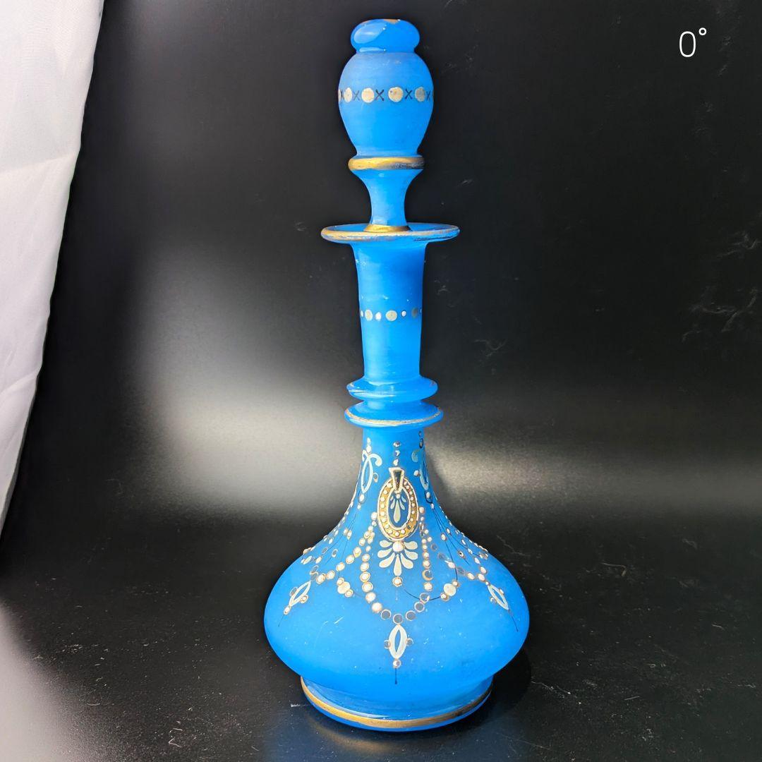 オールドバカラ 青オパーリンガラス 大型香水瓶 エナメル＆金彩ジュエル紋