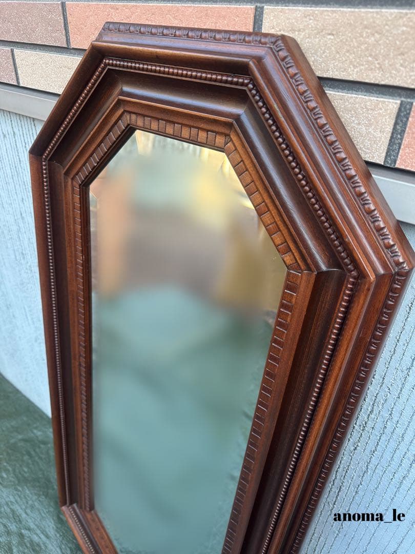 6001【ウォールミラー】イタリア　木製　彫刻　ベベル鏡　アンティークヴィンテー