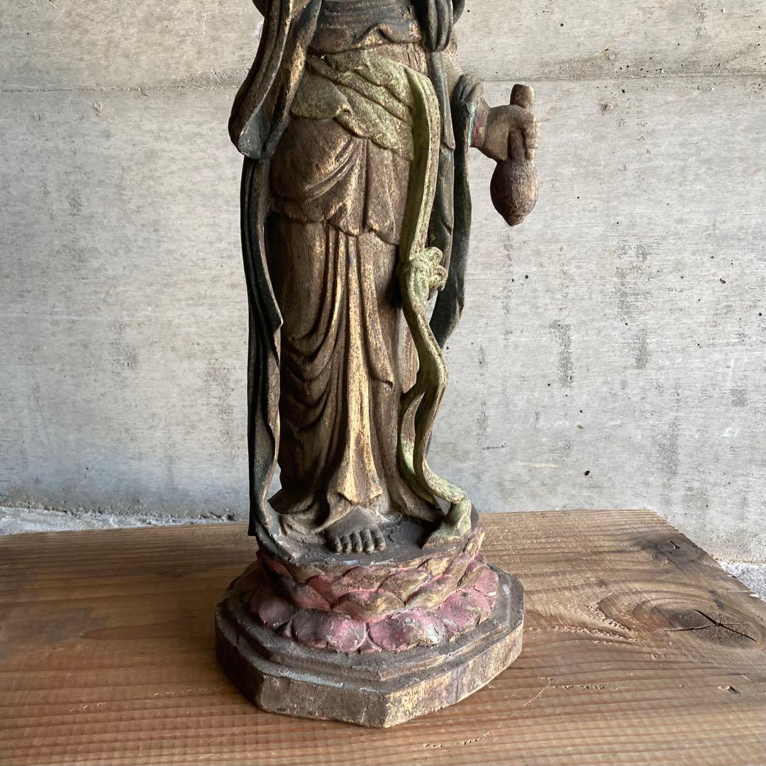 古い仏像 観音菩薩 立像 木製 木彫り 彫刻 置物 古美術 骨董品 レトロ