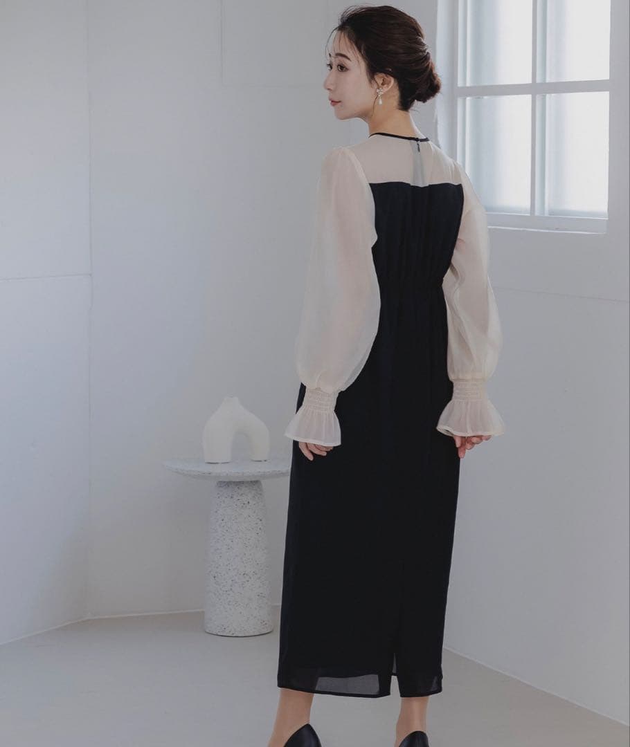 ボリュームスリーブシフォンロングワンピース 結婚式 お呼ばれ 同窓会