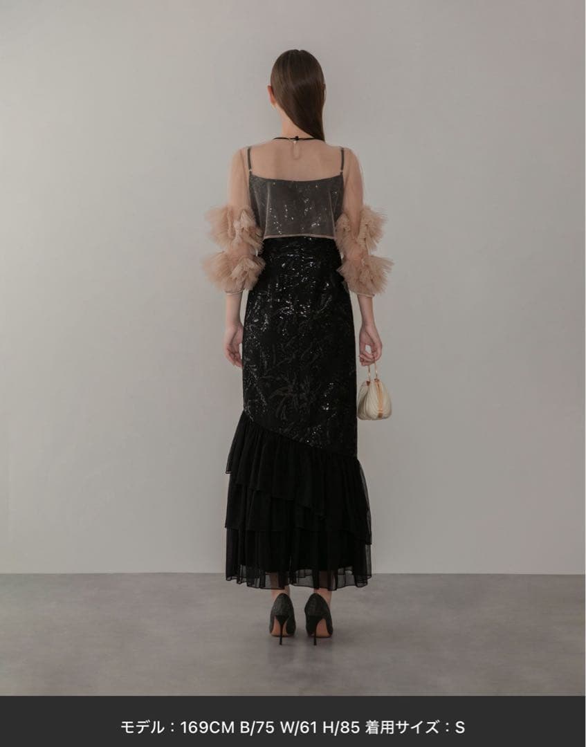 新品　フラワースパンコールチュールフリルスリーブIラインワンピースドレス