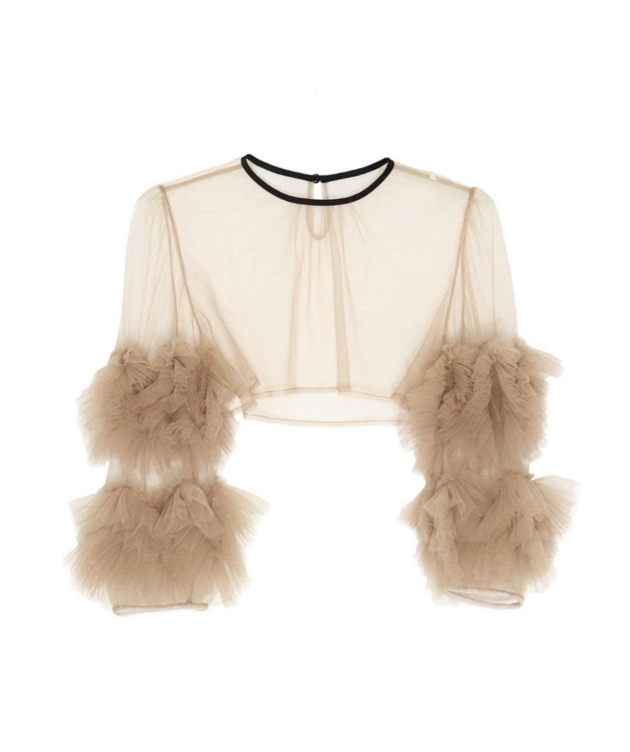 新品　フラワースパンコールチュールフリルスリーブIラインワンピースドレス