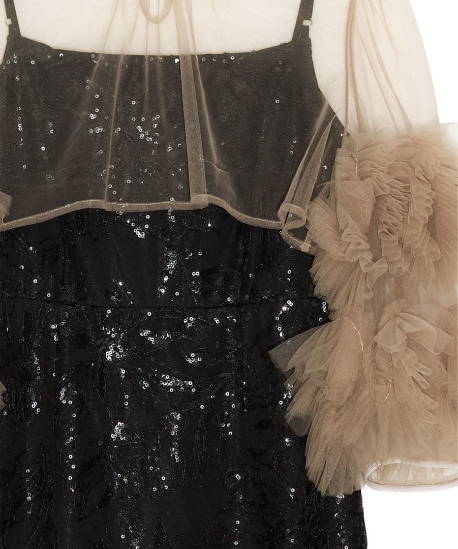 新品　フラワースパンコールチュールフリルスリーブIラインワンピースドレス