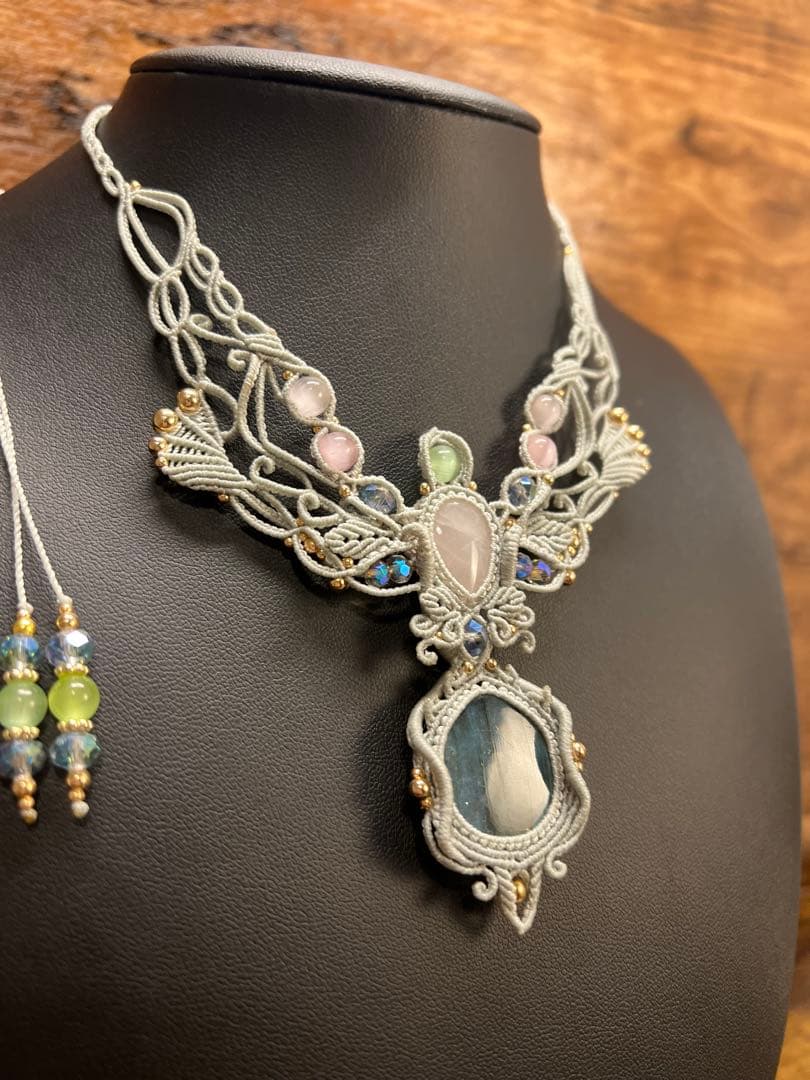 【handmade】マクラメ× ラブラドライト&ローズクォーツ ネックレス