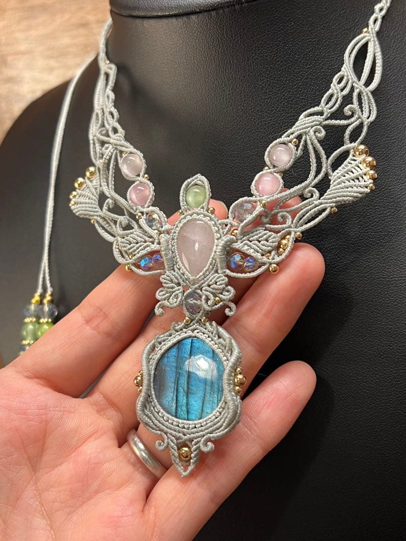 【handmade】マクラメ× ラブラドライト&ローズクォーツ ネックレス