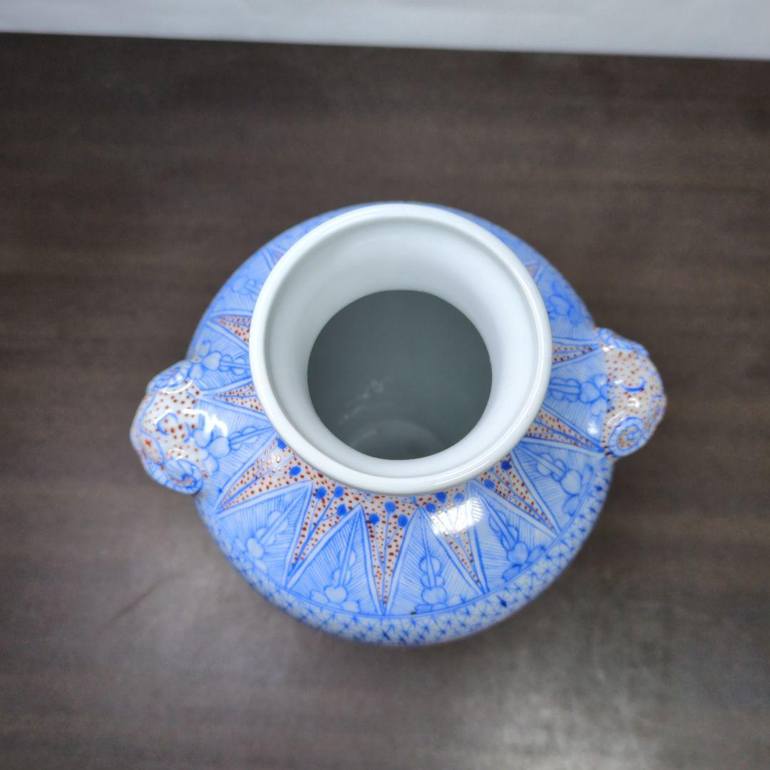 居仁堂製 色絵 窓絵 山水文 獣耳付 瓶 高さ約24.5cm