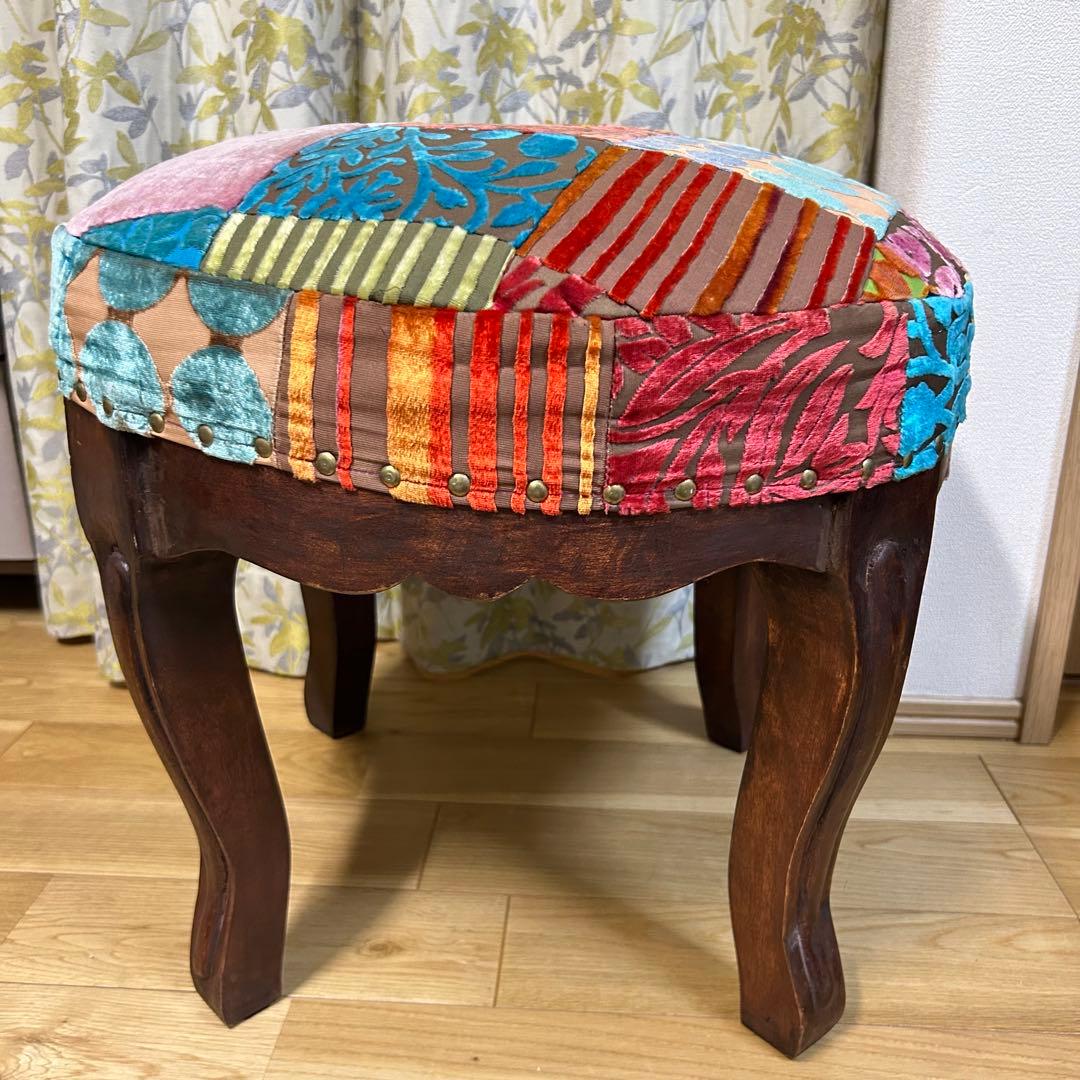北欧 木製 スツールパッチワーク アンティーク調 チェアー