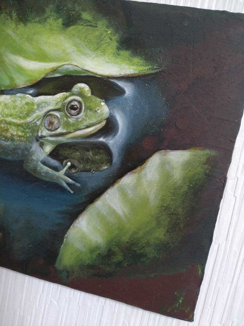 カエルの油絵【水鏡】1点物の原画◆作者サイン入り◆F3号キャンバス