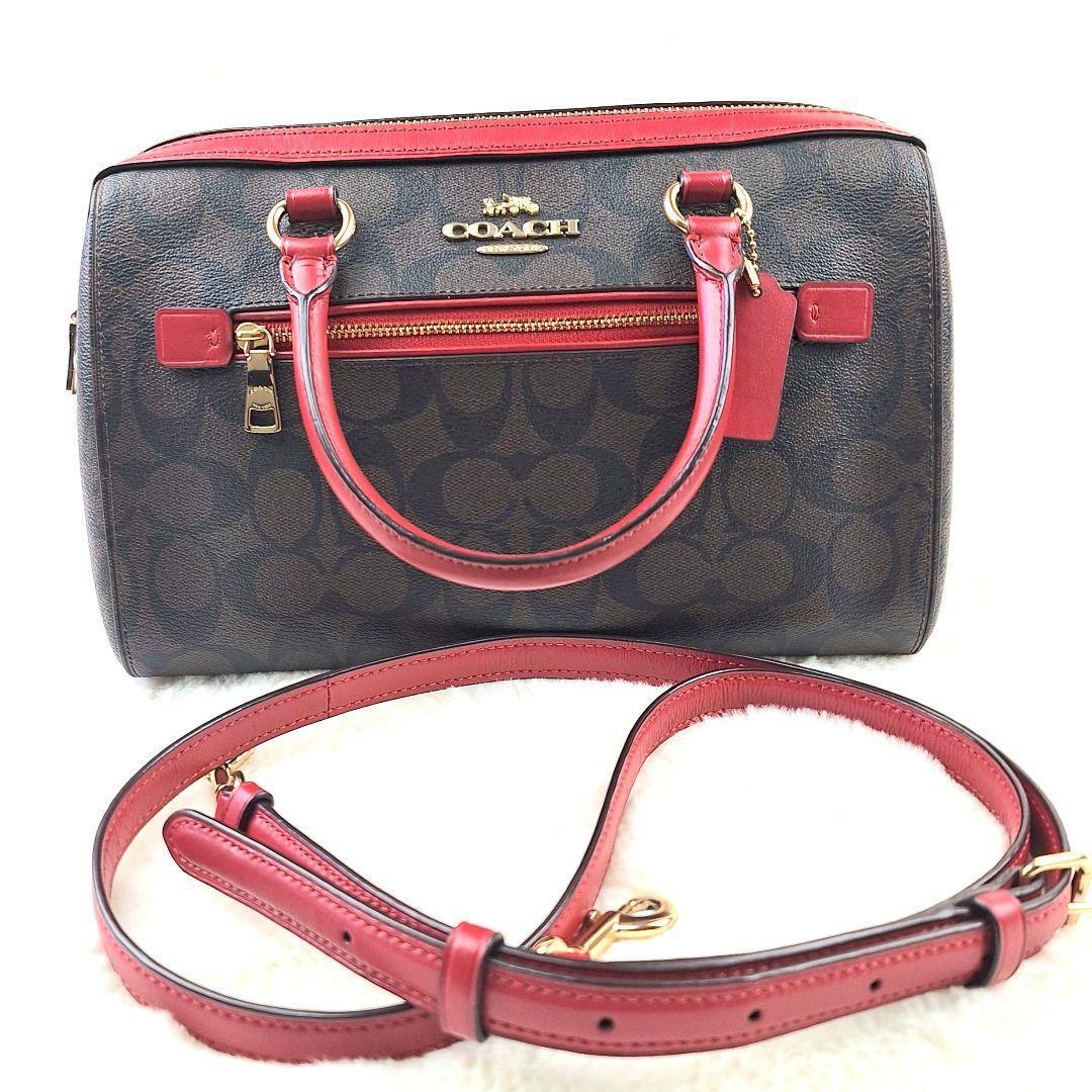 美品　コーチ ローアン サッチェル シグネチャー 2way ショルダーバッグ 赤