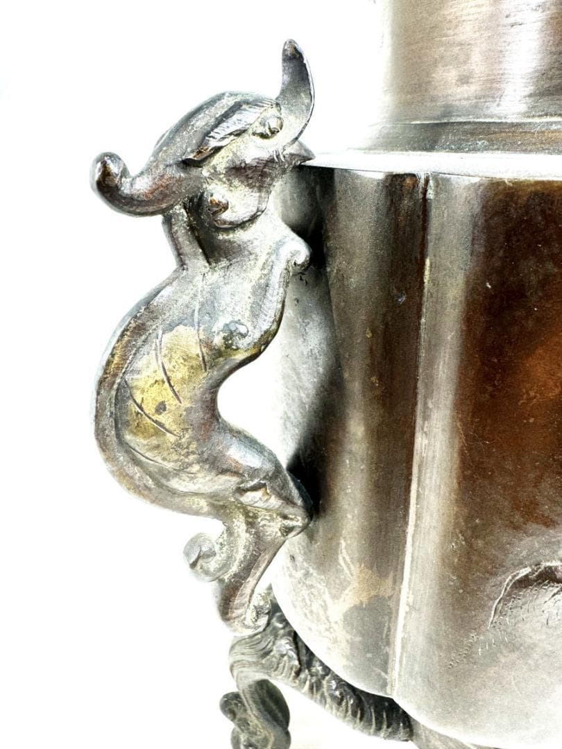 江戸時代 古銅 塗金 雙龍耳花鳥珍獣彫薄端 花器 置物 旧家蔵出WWST025