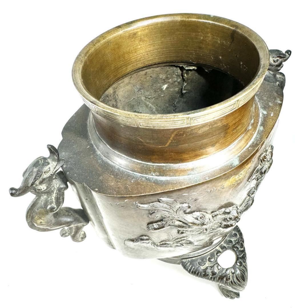 江戸時代 古銅 塗金 雙龍耳花鳥珍獣彫薄端 花器 置物 旧家蔵出WWST025