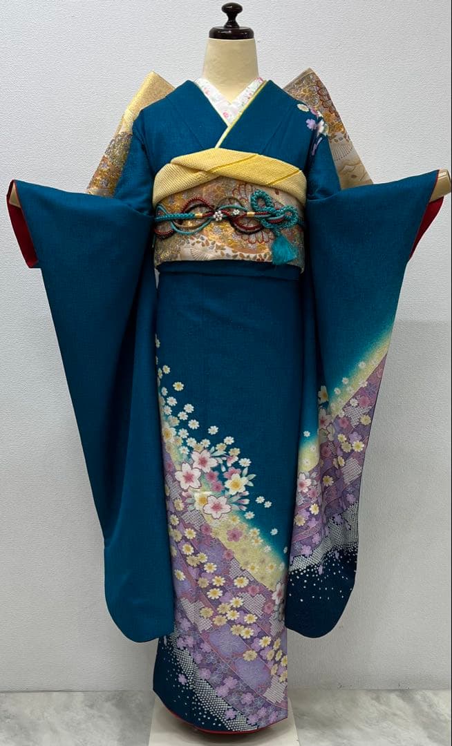 振り袖　フルセット　別誂長襦袢付　ブルー　成人式　金彩加工　金通し　714