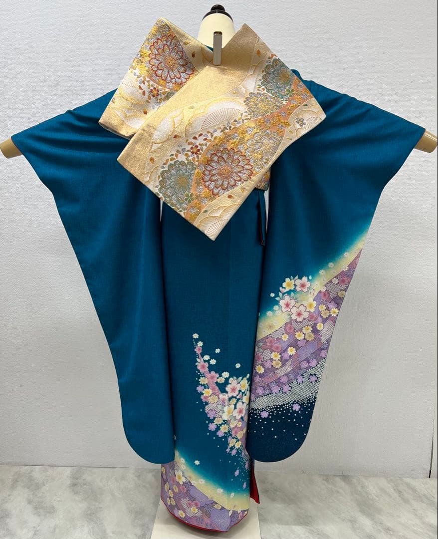 振り袖　フルセット　別誂長襦袢付　ブルー　成人式　金彩加工　金通し　714