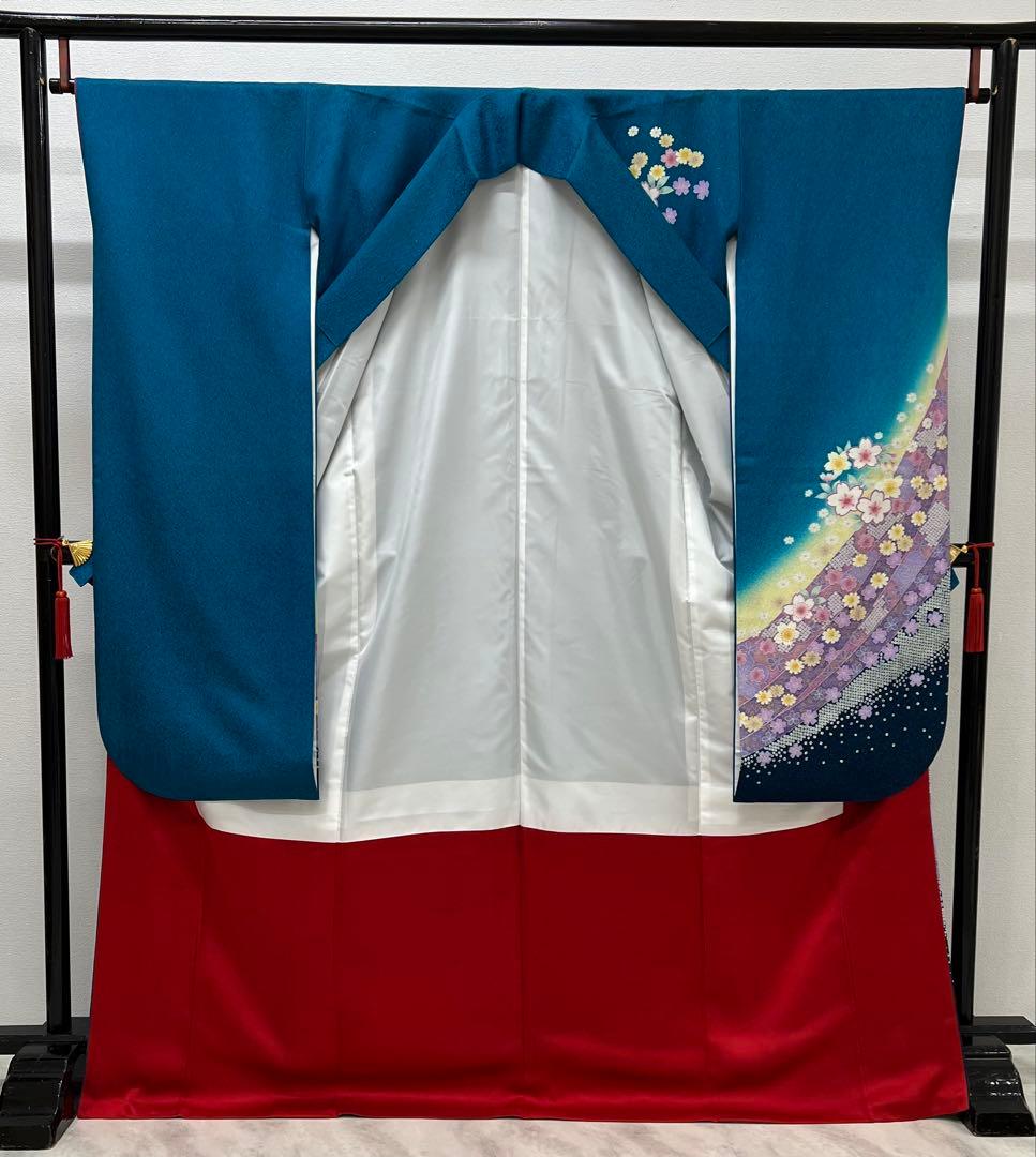 振り袖　フルセット　別誂長襦袢付　ブルー　成人式　金彩加工　金通し　714