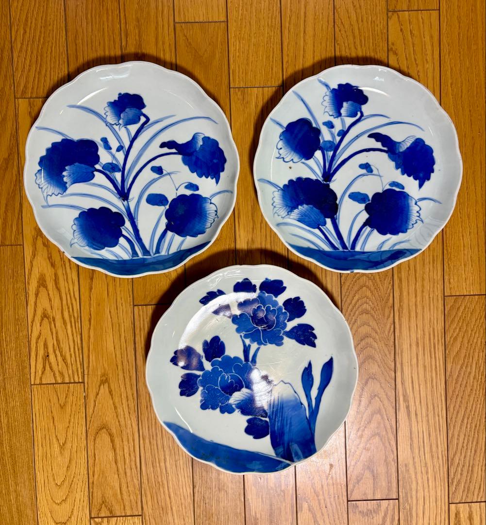 骨董品　江戸時代　古伊万里　 染付大皿　牡丹、秋海堂　3枚
