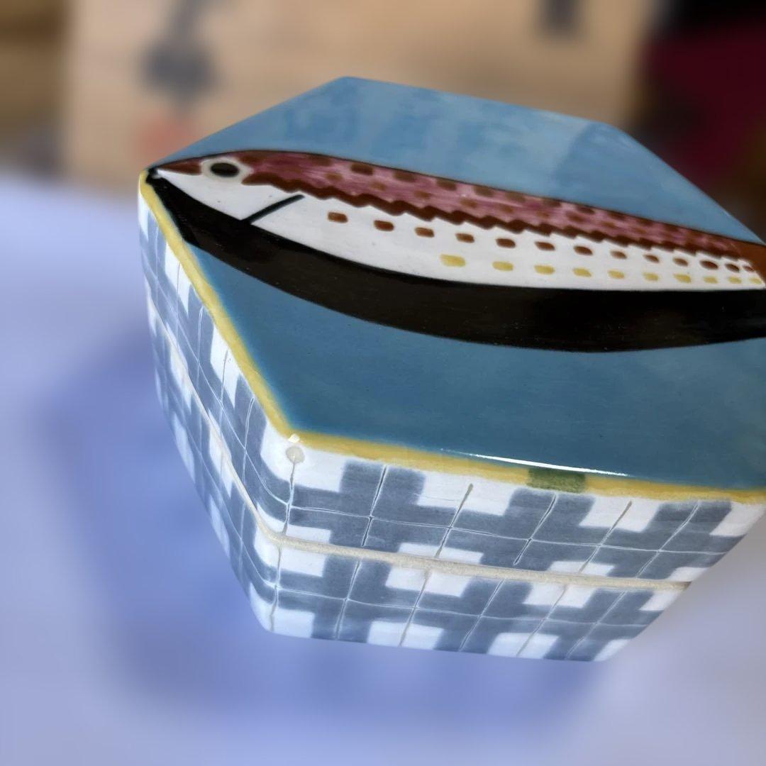 京焼 徳力孫三郎 彩画魚文陶箱 蓋物　共箱