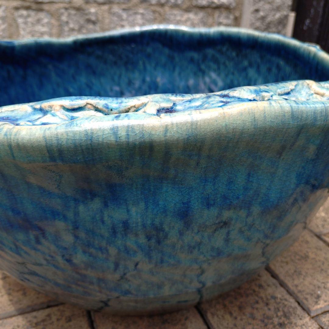 信楽焼　ブルー手作りめだか鉢　水連鉢　ビオトープ　直径49㌢