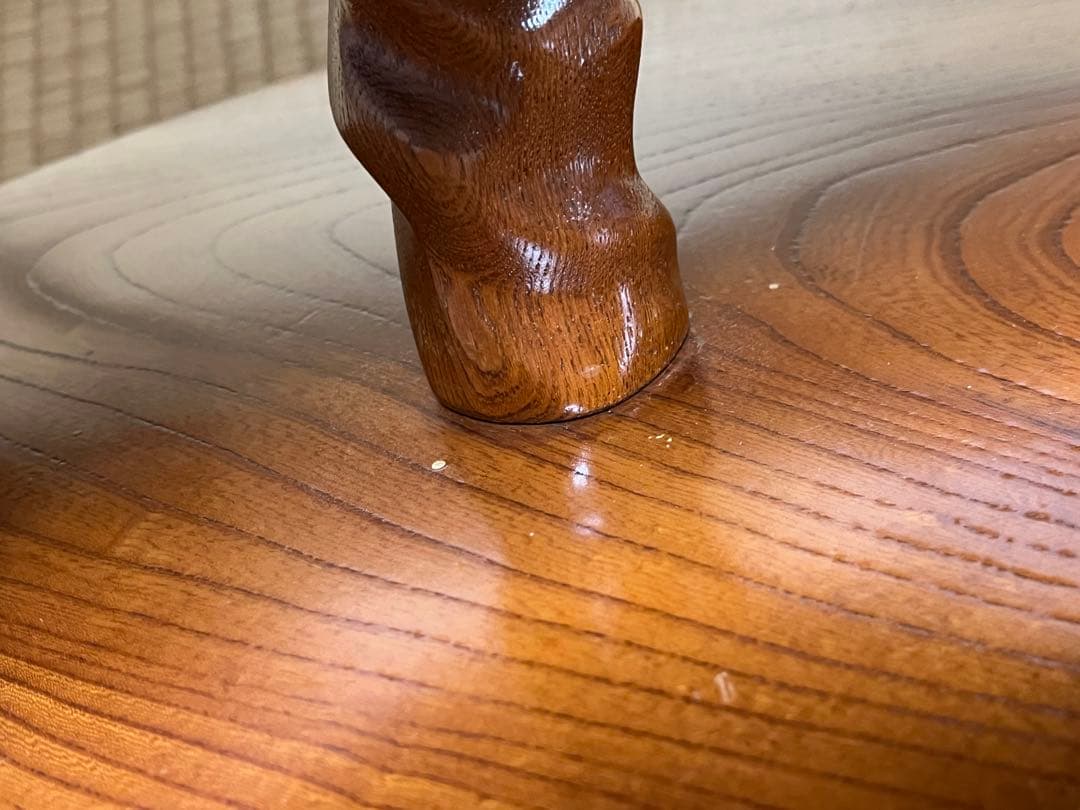 木製二段式円形テーブル　回転　けやき　昭和レトロ　サイドテーブル