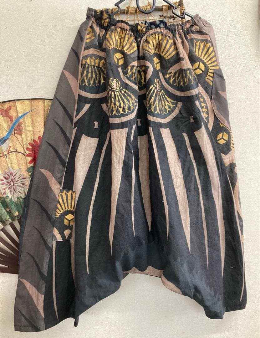 鯉のぼり(木綿)の柿渋染めサルエルパンツ　　　古布リメイク