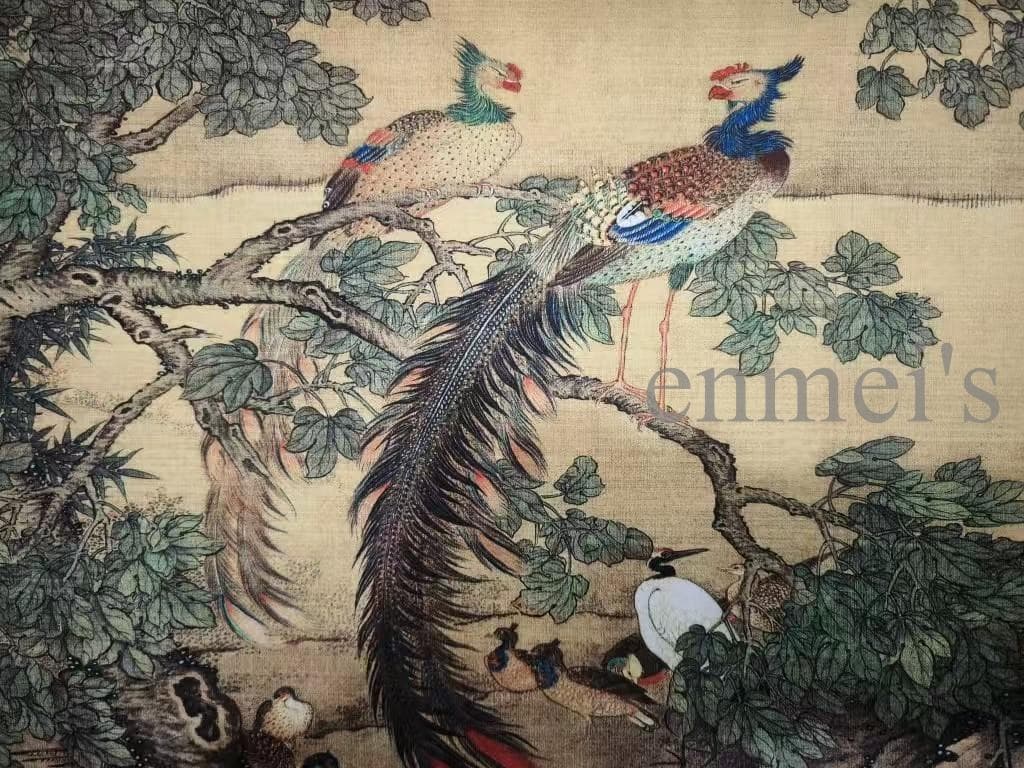 中国古美術 沈銓作款 百鳥朝鳳図 水墨画 手絵絹本 書画 古美味 唐物 肉筆