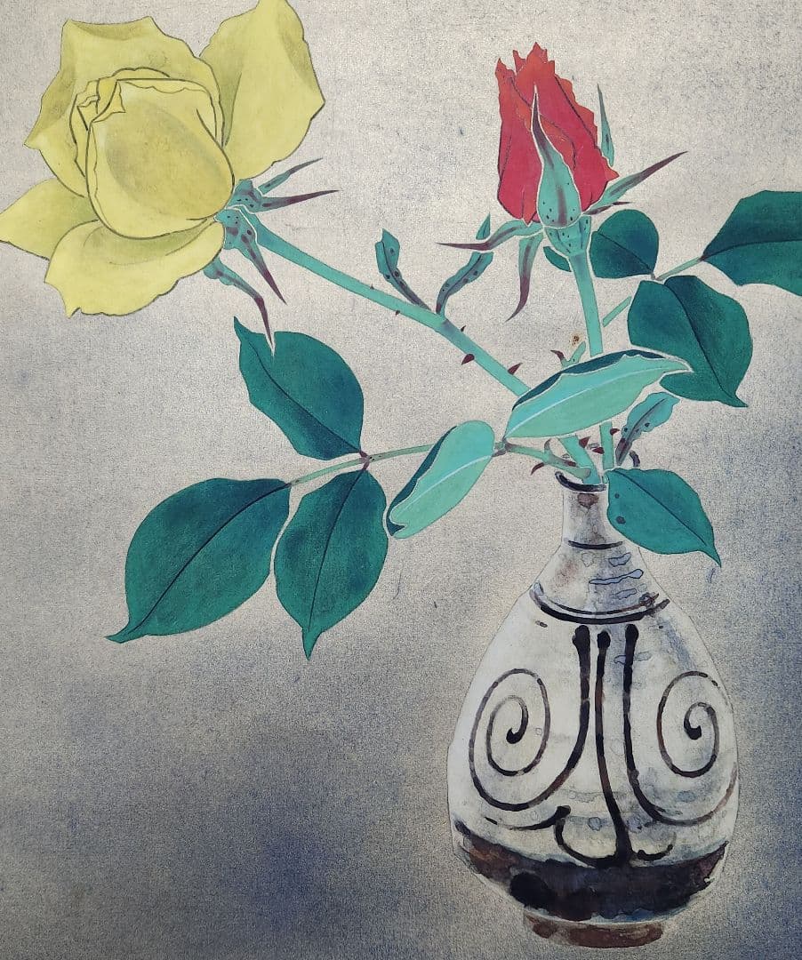 【薔薇図】川上拙以 2631 バラ静物 共箱二重箱 掛け軸　肉筆