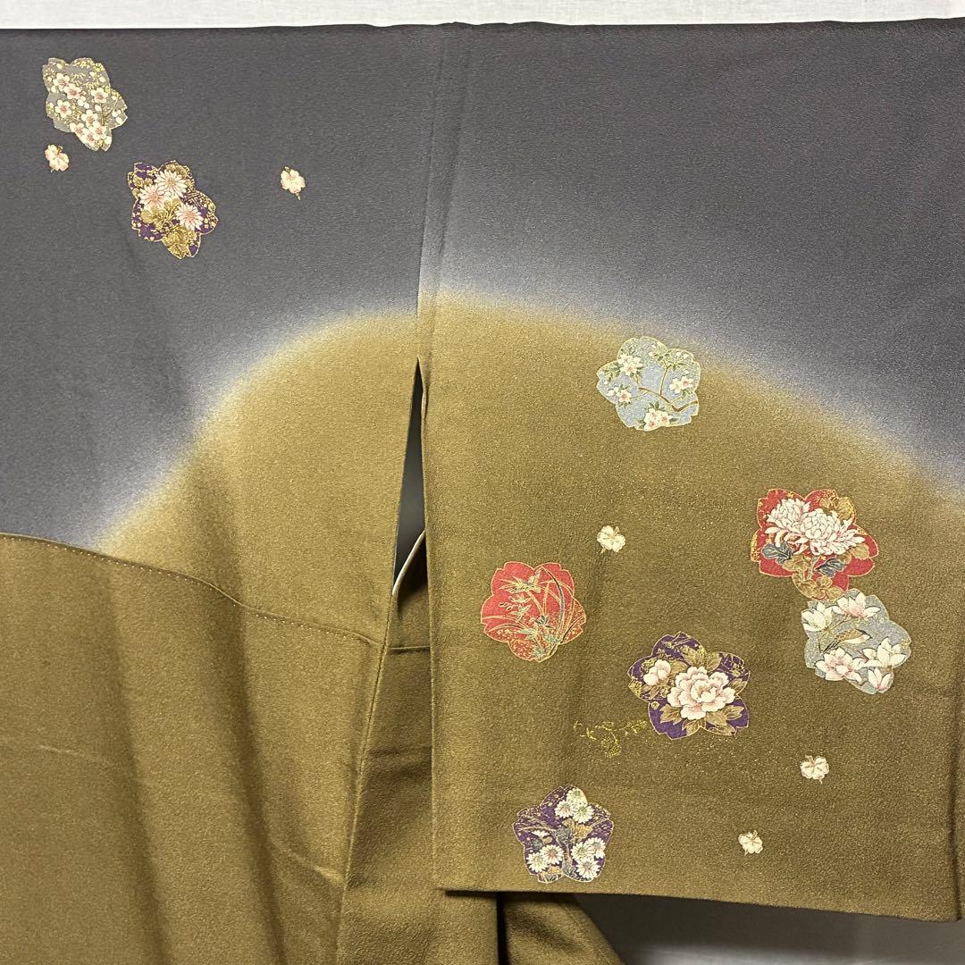 D137 訪問着　桜　金駒刺繍　花模様　ちりめん　極美品