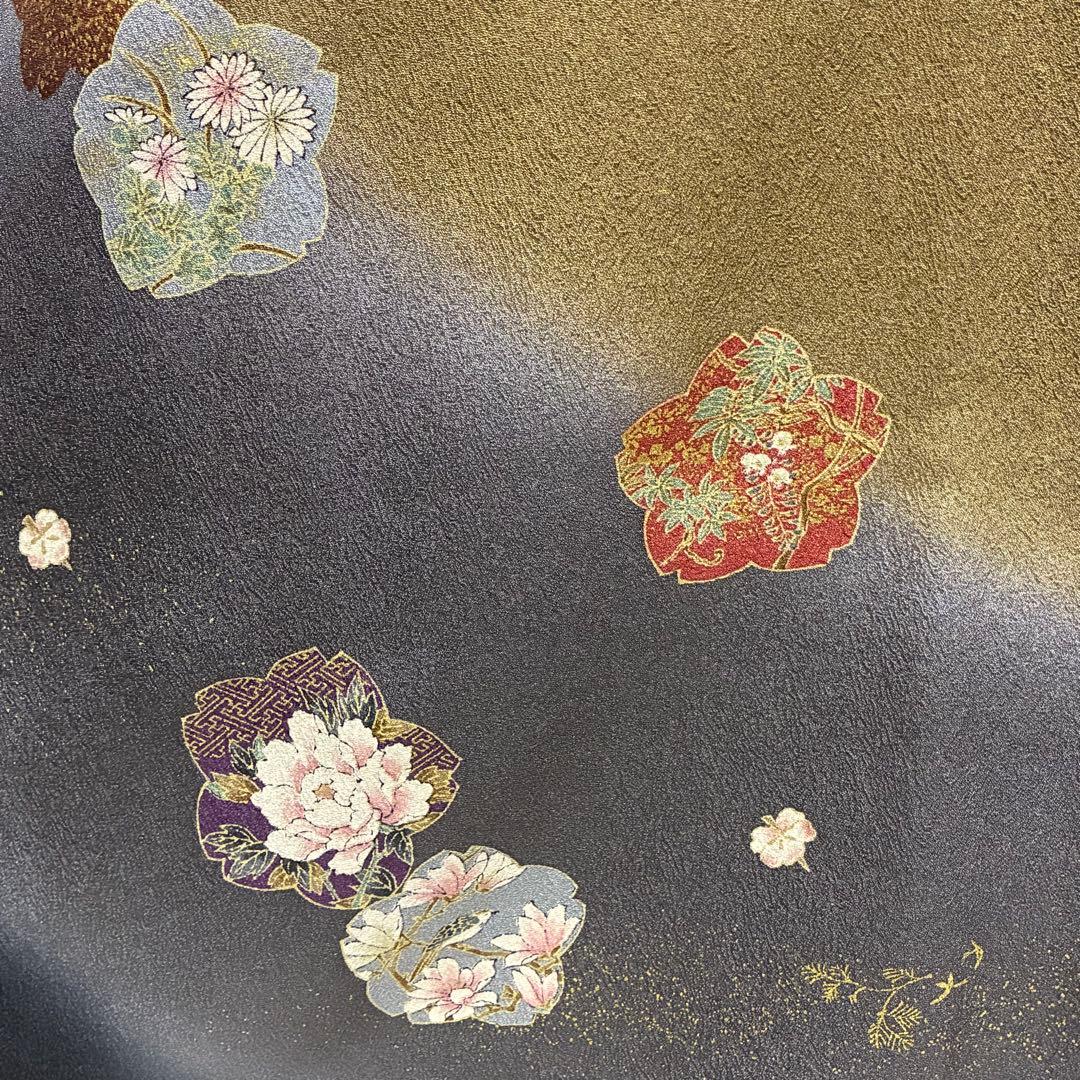 D137 訪問着　桜　金駒刺繍　花模様　ちりめん　極美品