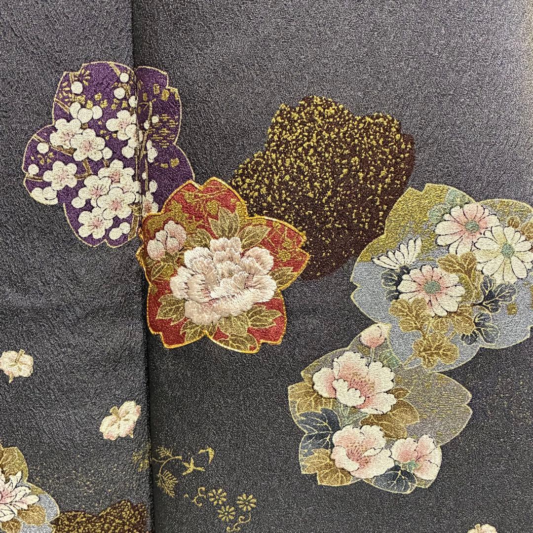 D137 訪問着　桜　金駒刺繍　花模様　ちりめん　極美品
