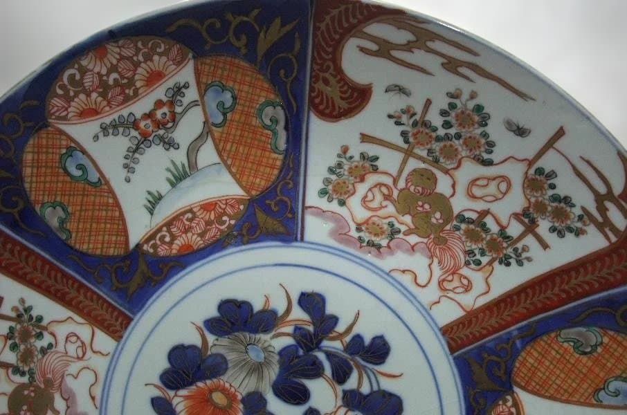 伊万里 染付 色絵 窓絵 盛り上 花づくし (明治期) 大皿 37cm 骨董