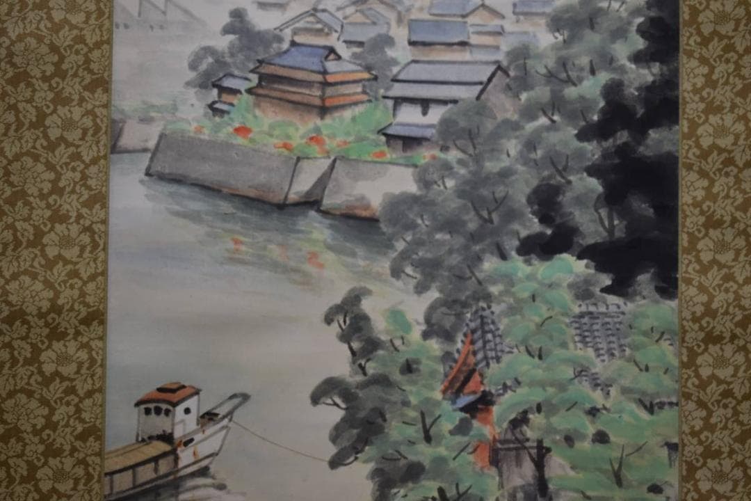 真作/服部黙耕/桑名住吉浦佳景図/桐題箱付/布袋屋掛軸HE-373