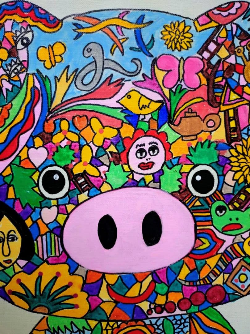 【F6号】ジミー大西【Pig】手描き作品/表裏サイン/油彩/アクリル/絵画/額縁