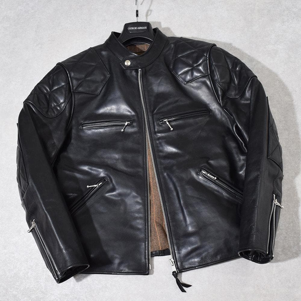 イタリア製 馬革 ホースハイド パテッド レザーライダース ジャケット 黒 XL