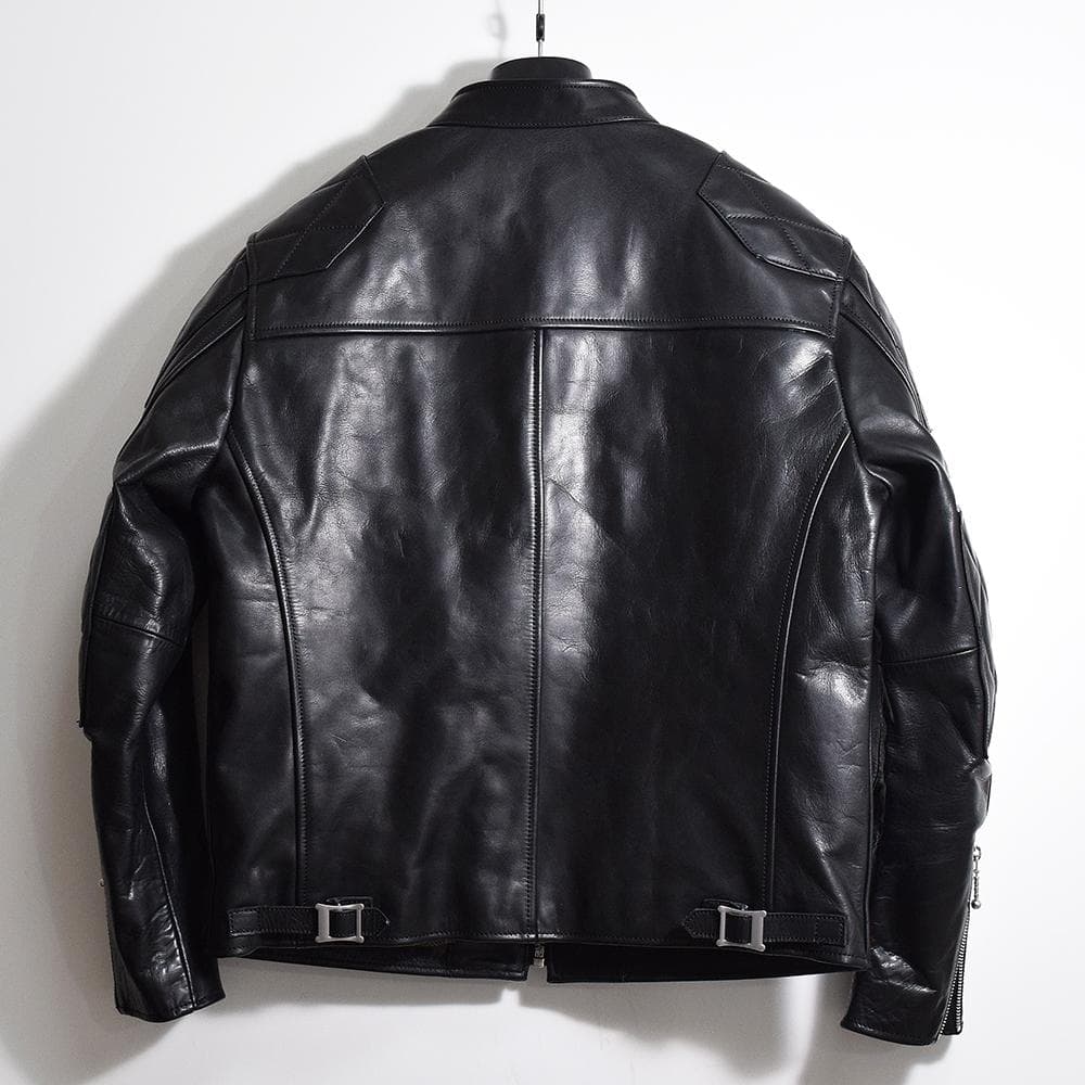イタリア製 馬革 ホースハイド パテッド レザーライダース ジャケット 黒 XL