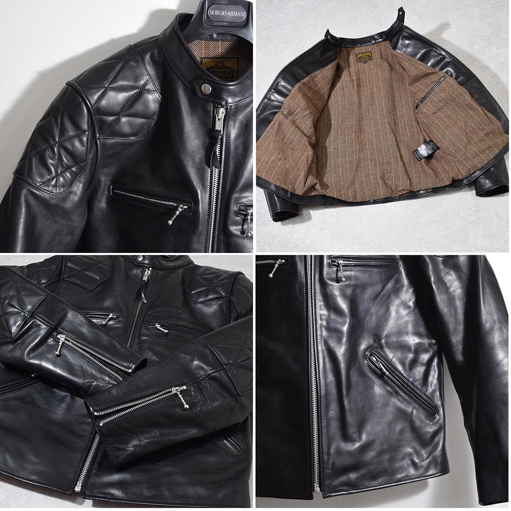 イタリア製 馬革 ホースハイド パテッド レザーライダース ジャケット 黒 XL