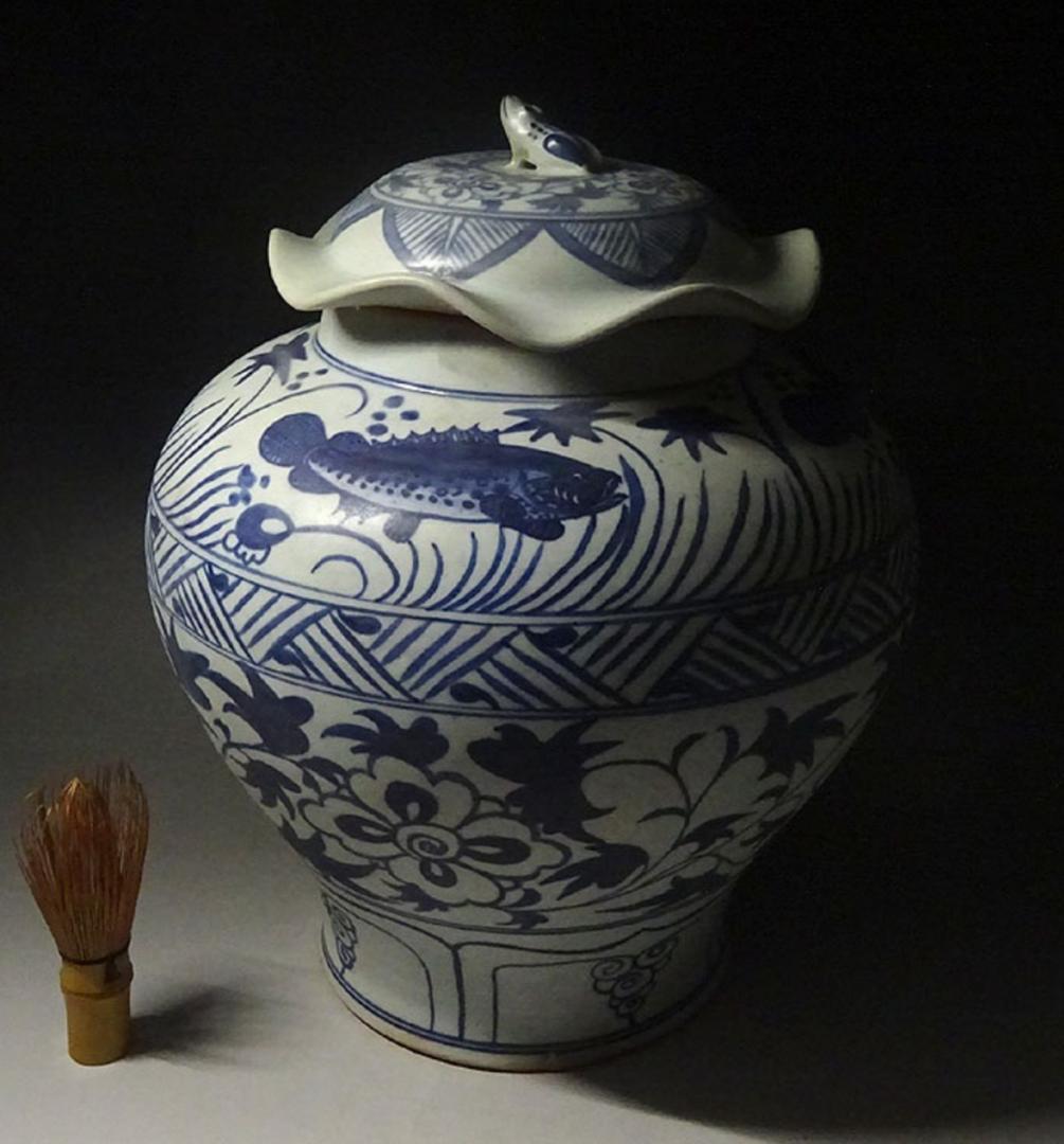 中国古玩 元染 魚藻文 蓋付壷 高約34cm 唐物 時代物 c11370