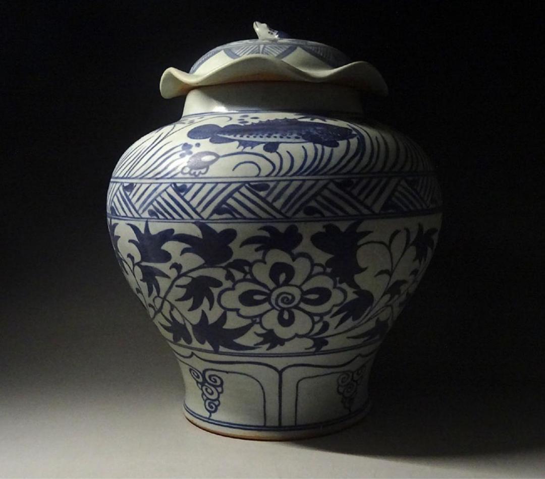 中国古玩 元染 魚藻文 蓋付壷 高約34cm 唐物 時代物 c11370