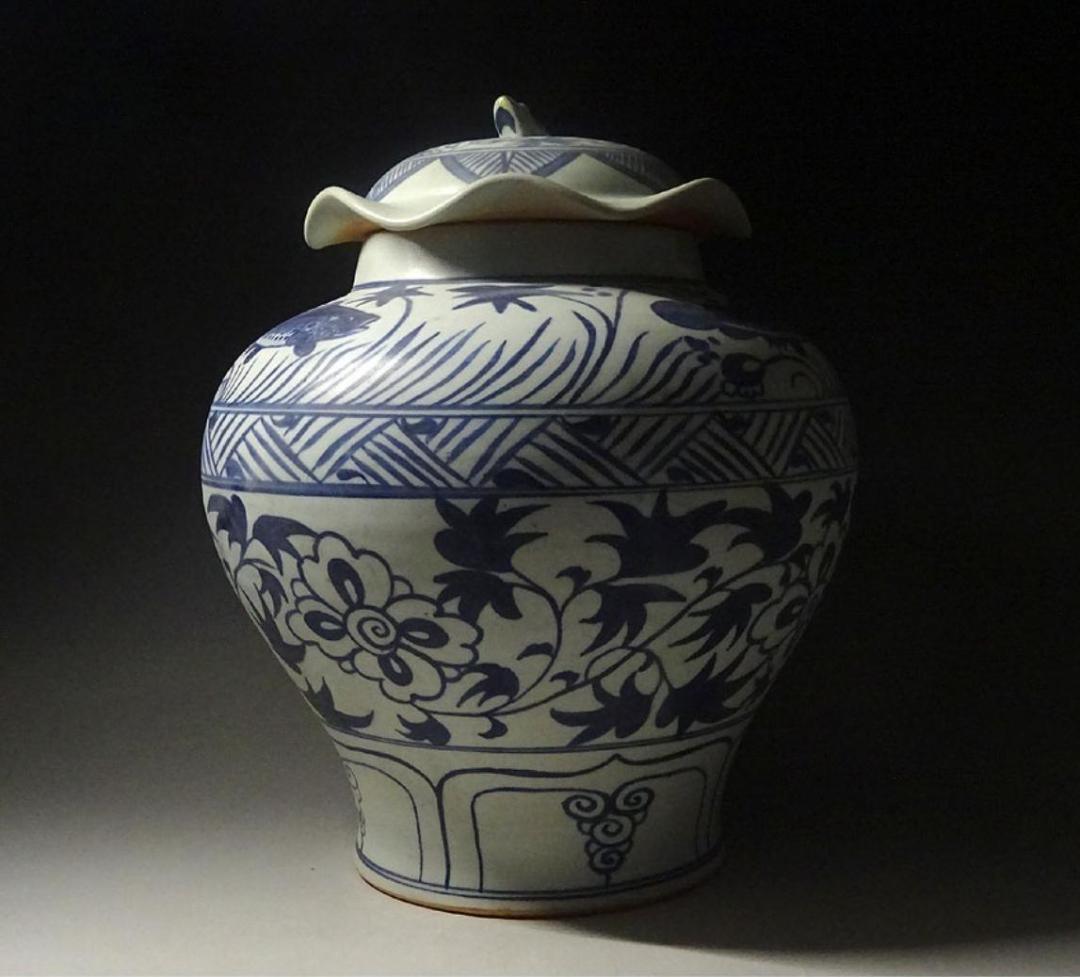 中国古玩 元染 魚藻文 蓋付壷 高約34cm 唐物 時代物 c11370