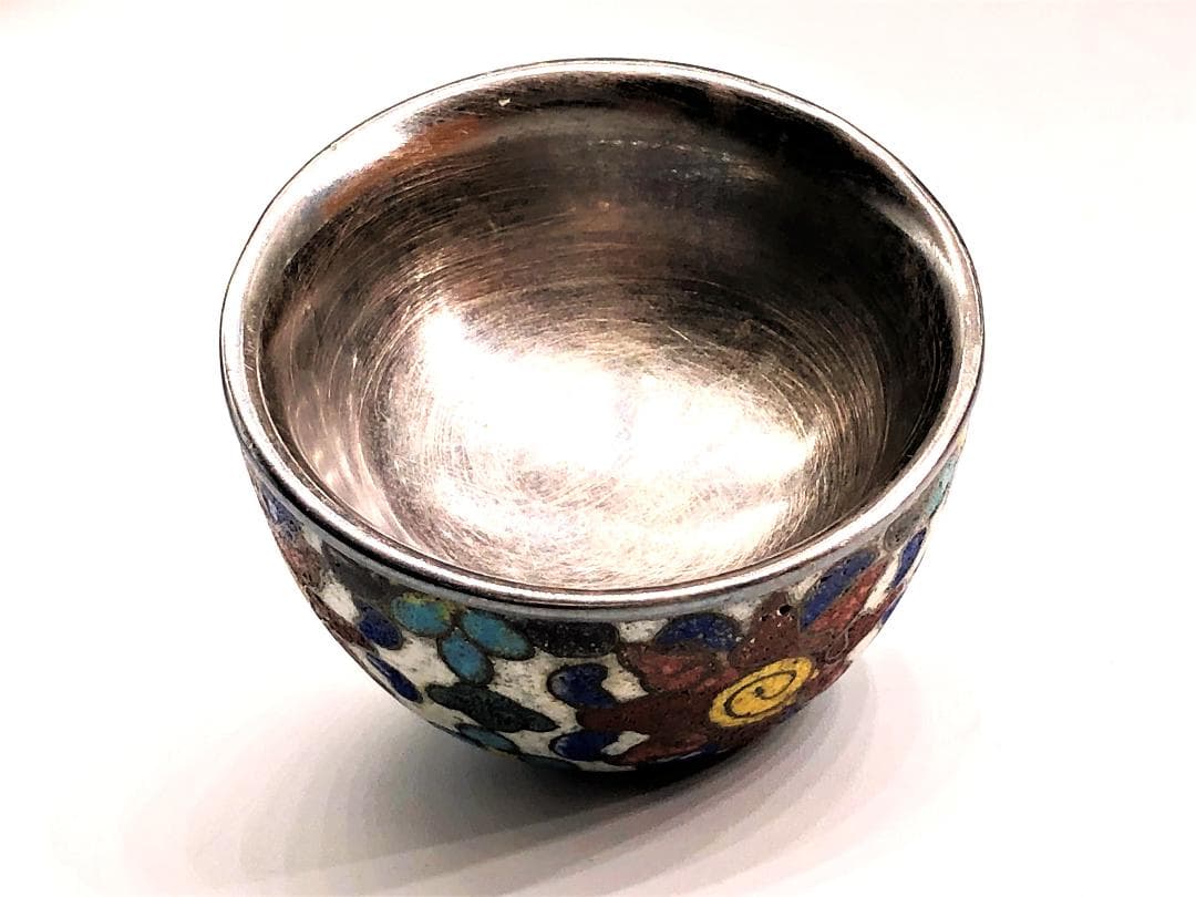 【 銀七宝盃 】　中華古玩　骨董　清～民国　養生桐箱付